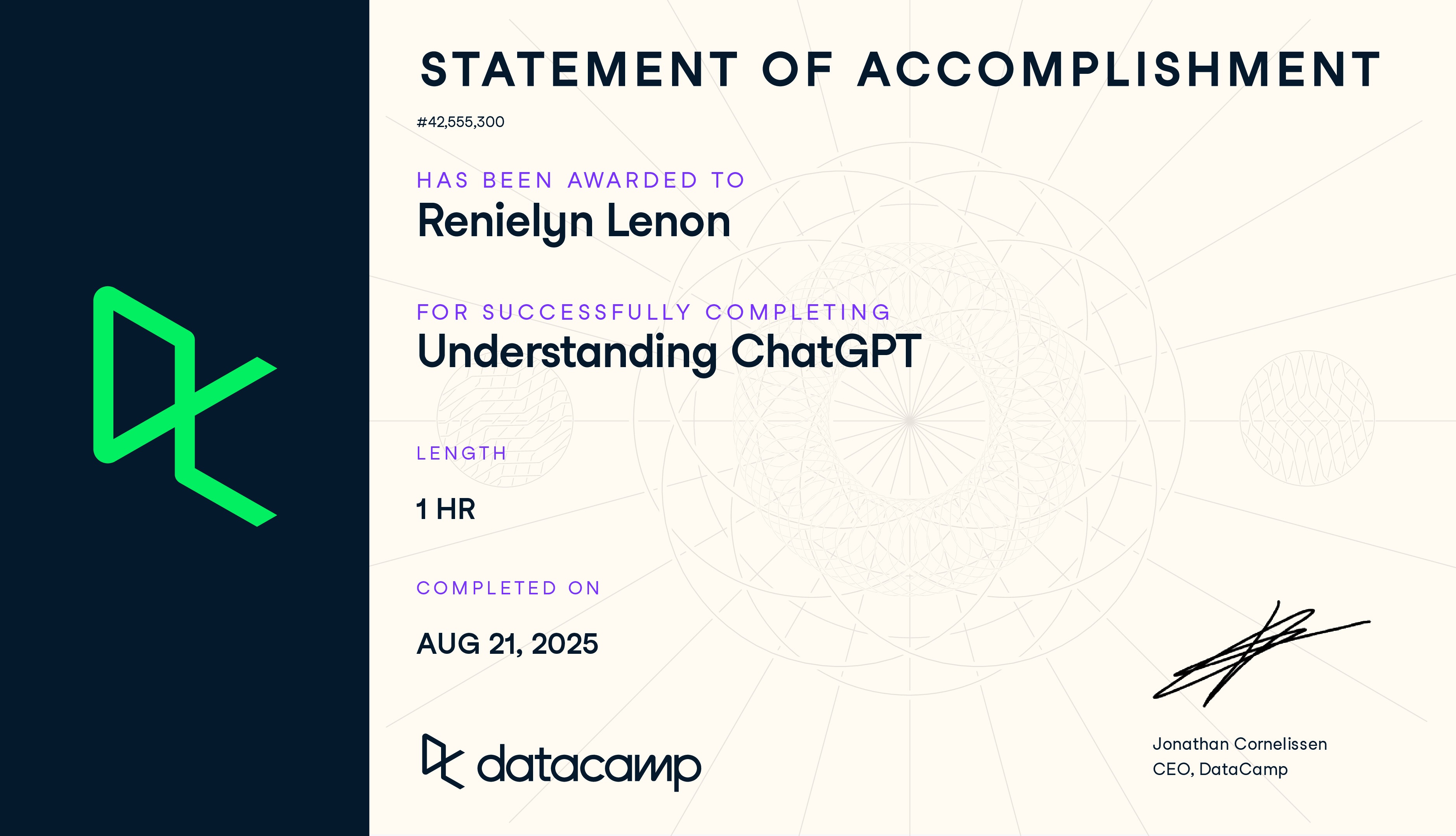 Understanding ChatGPT Certificate by DataCamp - Renielyn Lenon